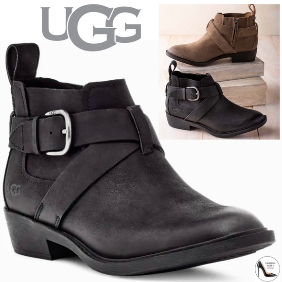 UGG Wylma Black Oiled Leather Moto Booties 1113422 Buckle Western Ankle Boots 7 - Picture 1 of 14